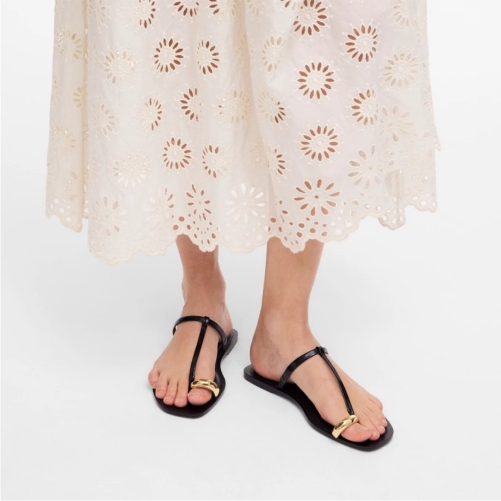 Madewell Black Leather T-Strap Sandals with Gold Accent